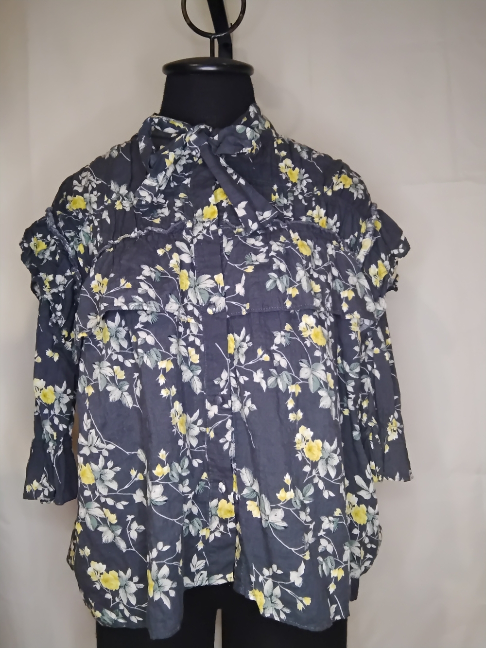 Floral Tie-Neck Women's Blouse - Charcoal Grey with Yellow Flowers